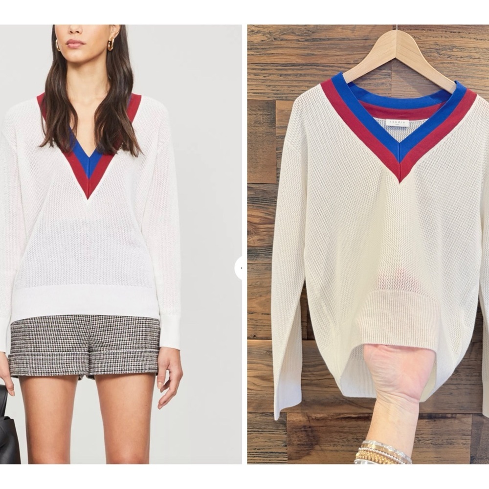 Sandro Shena Striped Cashmere-Wool White V-Neck Sweater with Red and Blue Trim